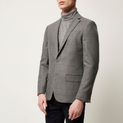 Grey check wool-blend slim blazer